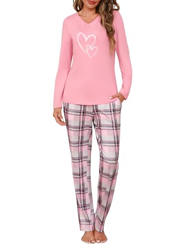 Marvmys Schlafanzug Damen Lang Baumwolle Pyjama Set Winter Zweiteiliger Nachtwäsche mit Herzprint und Karierter Pyjamahose von Marvmys