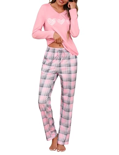 Marvmys Schlafanzug Damen Lang Baumwolle Pyjama Set Winter Zweiteiliger Nachtwäsche mit Herzprint und Karierter Pyjamahose von Marvmys