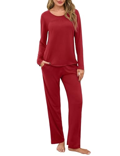 Marvmys Schlafanzug Damen Lang Pyjama Baumwolle Nachtwäsche Winter Schlafanzüge Mit Taschen S-XXL von Marvmys
