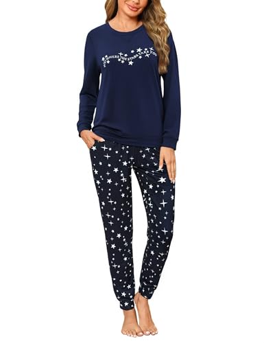 Marvmys Schlafanzug Damen Lang Pyjama Set Baumwolle Zweiteiliger Nachtwäsche Winter Sleepwear und Bedruckte Pyjamahose von Marvmys