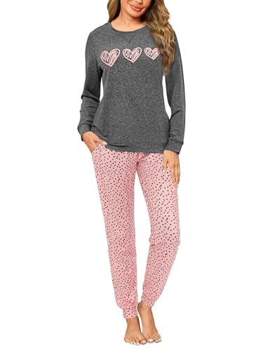 Marvmys Schlafanzug Damen Lang Pyjama Set Baumwolle Zweiteiliger Nachtwäsche Winter Sleepwear und Bedruckte Pyjamahose von Marvmys