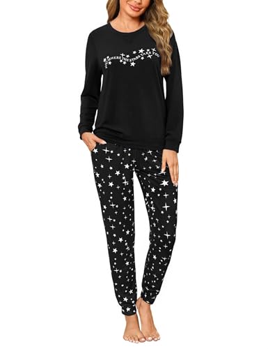Marvmys Schlafanzug Damen Lang Pyjama Set Baumwolle Zweiteiliger Nachtwäsche Winter Sleepwear und Bedruckte Pyjamahose von Marvmys