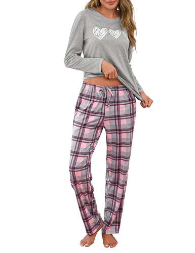 Marvmys Schlafanzug Damen Lang Winter Baumwolle Pyjama Set Zweiteilig Gemütlich Rundhals Herz-Print T-Shirt Karierte Hose von Marvmys