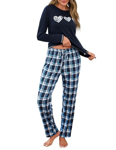 Marvmys Schlafanzug Damen Lang Winter Baumwolle Pyjama Set Zweiteilig Gemütlich Rundhals Herz-Print T-Shirt Karierte Hose von Marvmys