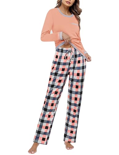 Marvmys Schlafanzug Damen Lang Winter Baumwolle PyjamaSet Schlafanzüge Zweiteiliger Nachtwäsche Sleepwear Langarm Shirt mit Brusttasche Karierte Pyjamahose mit Tasche Rosa M von Marvmys