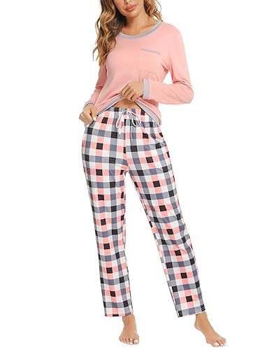 Marvmys Schlafanzug Damen Lang Winter Baumwolle PyjamaSet Schlafanzüge Zweiteiliger Nachtwäsche Sleepwear Langarm Shirt mit Brusttasche Karierte Pyjamahose mit Tasche Rosa XXL von Marvmys