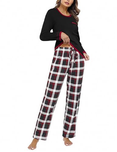 Marvmys Schlafanzug Damen Lang Winter Baumwolle PyjamaSet Schlafanzüge Zweiteiliger Nachtwäsche Sleepwear Langarm Shirt mit Brusttasche Karierte Pyjamahose mit Tasche Schwarz M von Marvmys