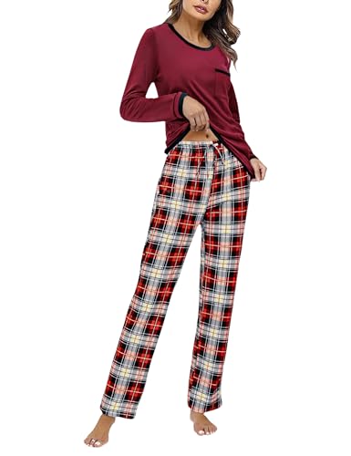 Marvmys Schlafanzug Damen Lang Winter Baumwolle PyjamaSet Schlafanzüge Zweiteiliger Nachtwäsche Sleepwear Langarm Shirt mit Brusttasche Karierte Pyjamahose mit Tasche Weinrot L von Marvmys