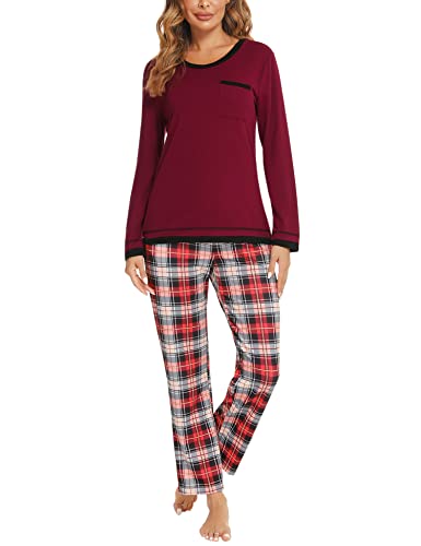 Marvmys Schlafanzug Damen Lang Winter Baumwolle PyjamaSet Schlafanzüge Zweiteiliger Nachtwäsche Sleepwear Langarm Shirt mit Brusttasche Karierte Pyjamahose mit Tasche Weinrot XXL von Marvmys