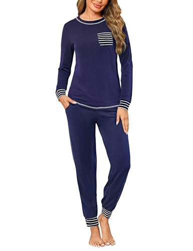Marvmys Schlafanzug Damen Lang Winter Baumwolle Zweiteiliger Pyjama Set Rundhals Kontrast Streifen von Marvmys