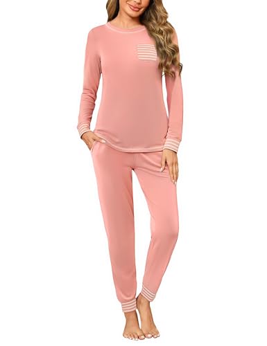 Marvmys Schlafanzug Damen Lang Winter Baumwolle Zweiteiliger Pyjama Set Rundhals Kontrast Streifen von Marvmys