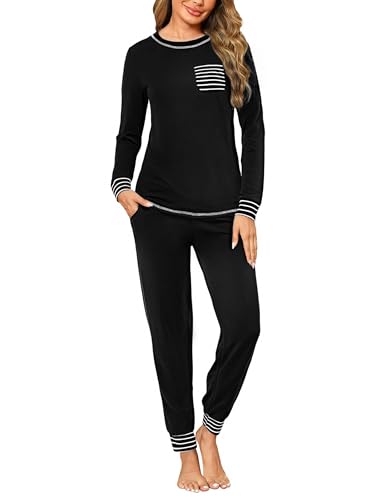 Marvmys Schlafanzug Damen Lang Winter Baumwolle Zweiteiliger Pyjama Set Rundhals Kontrast Streifen von Marvmys