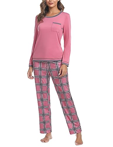 Marvmys Schlafanzug Damen Lang aus Baumwolle Zweiteiliger Pyjama Set Karierte Langarm Nachtwäsche Hausanzug Homewear für Frauen Mädchen E-Dunkelpink M von Marvmys