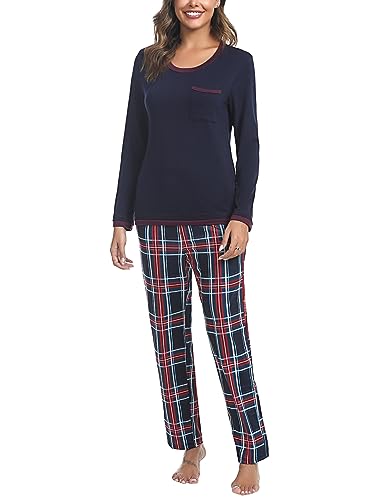 Marvmys Schlafanzug Damen Lang aus Baumwolle Zweiteiliger Pyjama Set Karierte Langarm Nachtwäsche Hausanzug Homewear für Frauen Mädchen E-Navy blau-A M von Marvmys