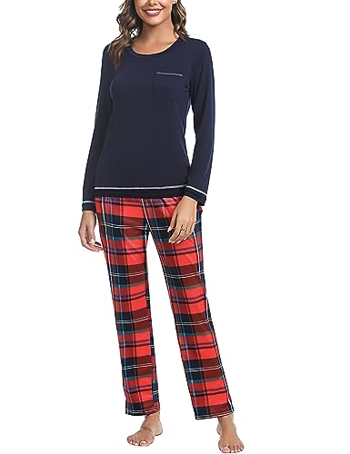 Marvmys Schlafanzug Damen Lang aus Baumwolle Zweiteiliger Pyjama Set Karierte Langarm Nachtwäsche Hausanzug Homewear für Frauen Mädchen E-Navy blau-B L von Marvmys