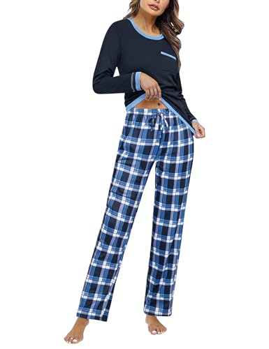Marvmys Schlafanzug Damen Lang Winter Baumwolle PyjamaSet Schlafanzüge Zweiteiliger Nachtwäsche Sleepwear Langarm Shirt mit Brusttasche Karierte Pyjamahose mit Tasche Blau S von Marvmys