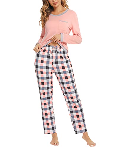 Marvmys Schlafanzug Damen Lang aus Baumwolle Zweiteiliger Pyjama Set Karierte Langarm Nachtwäsche Hausanzug Homewear für Frauen Mädchen L E-Rosa von Marvmys