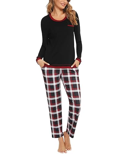 Marvmys Schlafanzug Damen Lang aus Baumwolle Zweiteiliger Pyjama Set Karierte Langarm Nachtwäsche Hausanzug Homewear für Frauen Mädchen M E-Schwarz von Marvmys