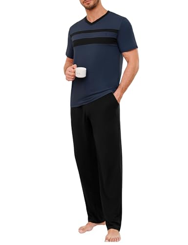 Marvmys Schlafanzug Herren Baumwolle Pyjama Set Kurzarm T Shirt V Ausschnitt Lange Pyjamahose Nachtwäsche mit Taschen Zweiteilig von Marvmys