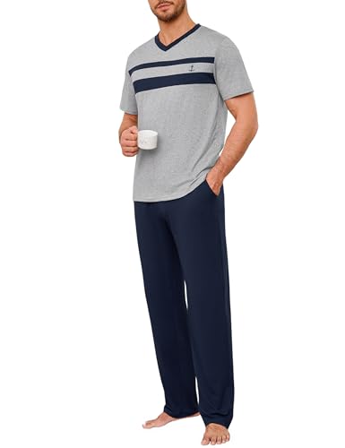 Marvmys Schlafanzug Herren Baumwolle Pyjama Set Kurzarm T Shirt V Ausschnitt Lange Pyjamahose Nachtwäsche mit Taschen Zweiteilig von Marvmys