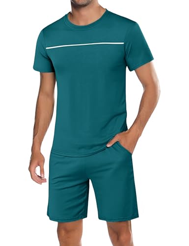 Marvmys Schlafanzug Herren Kurz Baumwolle Pyjamaset Herren Sommer Nightwear Pyjama Kurzarm mit Rundhalsausschnitt Oberteil und kurzer Schlafanzughose von Marvmys