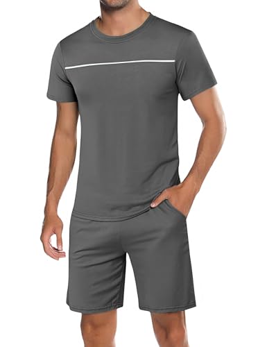 Marvmys Schlafanzug Herren Kurz Baumwolle Pyjamaset Herren Sommer Nightwear Pyjama Kurzarm mit Rundhalsausschnitt Oberteil und kurzer Schlafanzughose von Marvmys