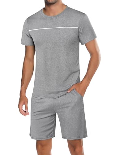 Marvmys Schlafanzug Herren Kurz Baumwolle Pyjamaset Herren Sommer Nightwear Pyjama Kurzarm mit Rundhalsausschnitt Oberteil und kurzer Schlafanzughose von Marvmys