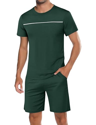Marvmys Schlafanzug Herren Kurz Baumwolle Pyjamaset Herren Sommer Nightwear Pyjama Kurzarm mit Rundhalsausschnitt Oberteil und kurzer Schlafanzughose von Marvmys