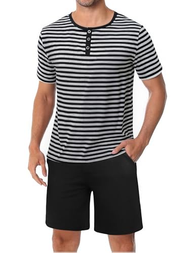 Marvmys Schlafanzug Herren Kurz Streifen Sommer Pyjama Set Baumwolle Nachtwäsche Männer Kurzarm T-Shirt Pyjamahose mit Tasche von Marvmys