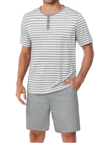 Marvmys Schlafanzug Herren Kurz Streifen Sommer Pyjama Set Baumwolle Nachtwäsche Männer Kurzarm T-Shirt Pyjamahose mit Tasche von Marvmys
