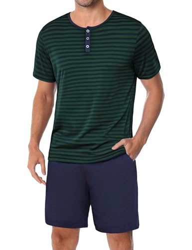 Marvmys Schlafanzug Herren Kurz Streifen Sommer Pyjama Set Baumwolle Nachtwäsche Männer Kurzarm T-Shirt Pyjamahose mit Tasche von Marvmys