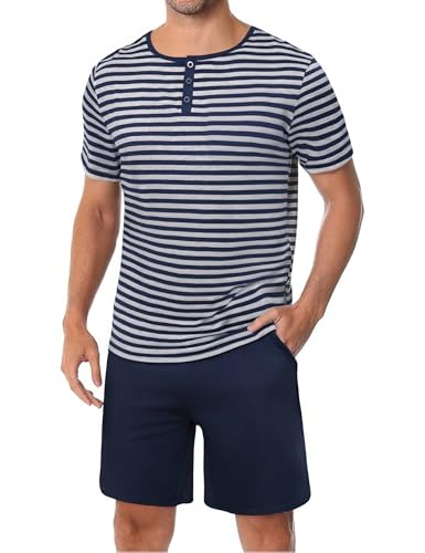 Marvmys Schlafanzug Herren Kurz Streifen Sommer Pyjama Set Baumwolle Nachtwäsche Männer Kurzarm T-Shirt Pyjamahose mit Tasche von Marvmys
