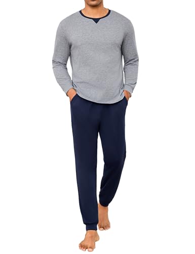 Marvmys Schlafanzug Herren Lang Baumwolle Winter Pyjamaset Schlafanzüge Sleepwear Langarm Shirt Pyjamahose mit Tasche und Bündchen Grau XL von Marvmys