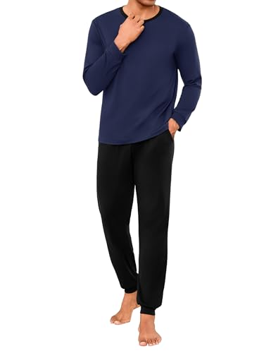 Marvmys Schlafanzug Herren Lang Baumwolle Winter Pyjamaset Schlafanzüge Sleepwear Langarm Shirt Pyjamahose mit Tasche und Bündchen Schwarzblau S von Marvmys