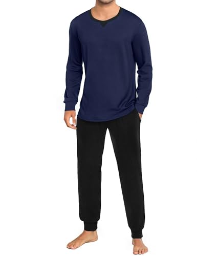 Marvmys Schlafanzug Herren Lang Baumwolle Winter Pyjamaset Schlafanzüge Sleepwear Langarm Shirt Pyjamahose mit Tasche und Bündchen Schwarzblau XL Marvmys Schlafanzug Herren Lang Baumwolle Winter Pyjamaset Schlafanzüge Sleepwear Langarm Shirt Pyjamahose mit Tasche und Bündchen Schwarzblau XL von Marvmys