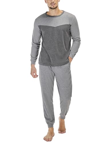 Marvmys Schlafanzug Herren Lang Baumwolle Winter Sleepwear Pyjamaset Schlafanzüge Langarm Shirt mit Bündchen Pyjamahose mit Tasche und Bündchen A-Dunkelgrau 3XL von Marvmys