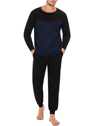 Marvmys Schlafanzug Herren Lang Baumwolle Winter Sleepwear Pyjamaset Schlafanzüge Langarm Shirt mit Bündchen Pyjamahose mit Tasche und Bündchen A-Navy blau XXL von Marvmys