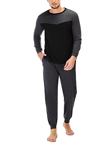 Marvmys Schlafanzug Herren Lang Baumwolle Winter Sleepwear Pyjamaset Schlafanzüge Langarm Shirt mit Bündchen Pyjamahose mit Tasche und Bündchen A-Schwarz S von Marvmys