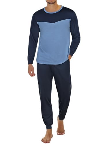 Marvmys Schlafanzug Herren Lang Baumwolle Winter Sleepwear Pyjamaset Schlafanzüge Langarm Shirt mit Bündchen Pyjamahose mit Tasche und Bündchen B-Navy blau S von Marvmys