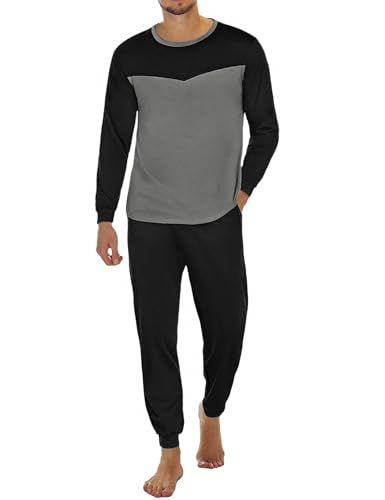 Marvmys Schlafanzug Herren Lang Baumwolle Winter Sleepwear Pyjamaset Schlafanzüge Langarm Shirt mit Bündchen Pyjamahose mit Tasche und Bündchen B-dunkelgrau XXL von Marvmys