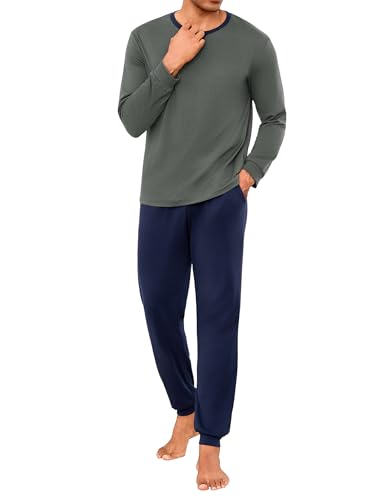 Marvmys Schlafanzug Herren Lang Baumwolle Winter Pyjamaset Schlafanzüge Sleepwear Langarm Shirt Pyjamahose mit Tasche und Bündchen Dunkelgrau L von Marvmys