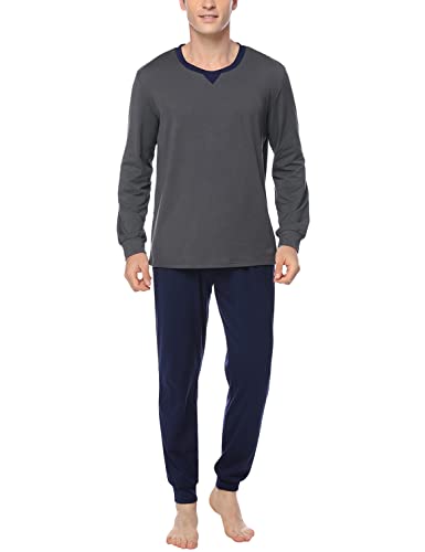 Marvmys Schlafanzug Herren Lang aus Baumwolle Zweiteiliger Warm Pyjama für Männer Herbst Winter Nachtwäsche Langarm Hausanzug Sleepwear XL A-Dunkelgrau von Marvmys