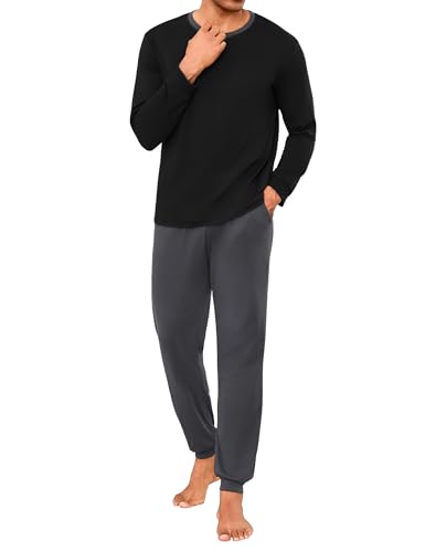 Marvmys Schlafanzug Herren Lang Baumwolle Winter Pyjamaset Schlafanzüge Sleepwear Langarm Shirt Pyjamahose mit Tasche und Bündchen Schwarz XXL von Marvmys
