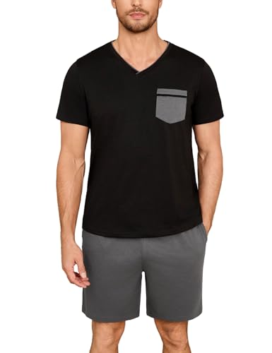 Marvmys Schlafanzug Herren kurz Baumwolle Sommer Pyjamas V-Ausschnitt Kurzärmliges T-Shirt Mit Brusttasche Und Shorts S-3XL von Marvmys