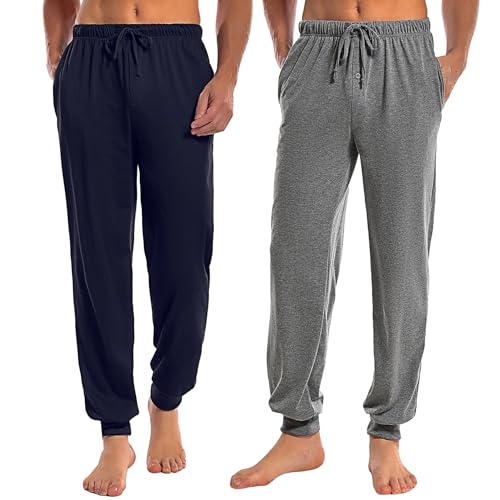 Marvmys Schlafanzughose Herren Lang mit Bündchen Einfarbige Pyjamahose für Männer Schlafhose Haushose Freizeithose mit Knopfleiste Navy blau+Dunkelgrau XL von Marvmys