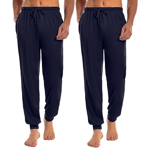 Marvmys Schlafanzughose Herren Lang mit Bündchen Einfarbige Pyjamahose für Männer Schlafhose Haushose Freizeithose mit Knopfleiste Navy blau+Navy blau M von Marvmys