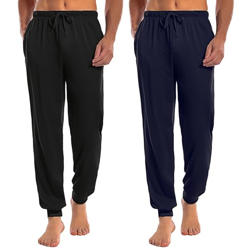 Marvmys Schlafanzughose Herren Lang mit Bündchen Einfarbige Pyjamahose für Männer Schlafhose Haushose Freizeithose mit Knopfleiste Navy blau+Schwarz L von Marvmys