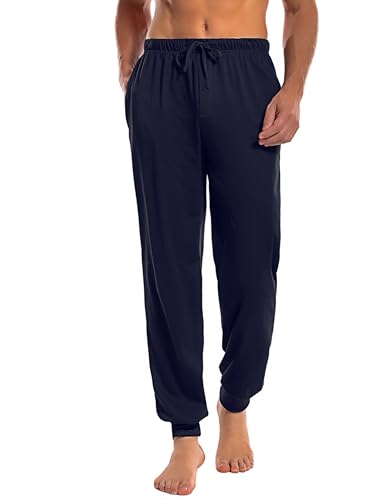 Marvmys Schlafanzughose Herren Lang mit Bündchen Einfarbige Pyjamahose für Männer Schlafhose Haushose Freizeithose mit Knopfleiste Navy blau 4XL von Marvmys