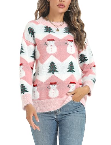 Marvmys Weihnachtspullover Damen Winter Fun Strickpullover Rundhals Weihnachtspullis mit Rentiermuster und Schneemann Muster Gestrickte Pullover Langarm Sweatshirt für Frauen Rosa-Schneemann XXL von Marvmys