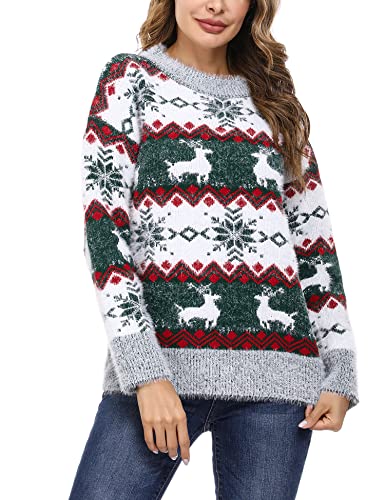 Marvmys Weihnachtspullover Damen Winter Fun Strickpullover Rundhals Weihnachtspullis mit Rentiermuster und Schneemann Muster Gestrickte Pullover Langarm Sweatshirt für Frauen Grün-Hirsch XL von Marvmys